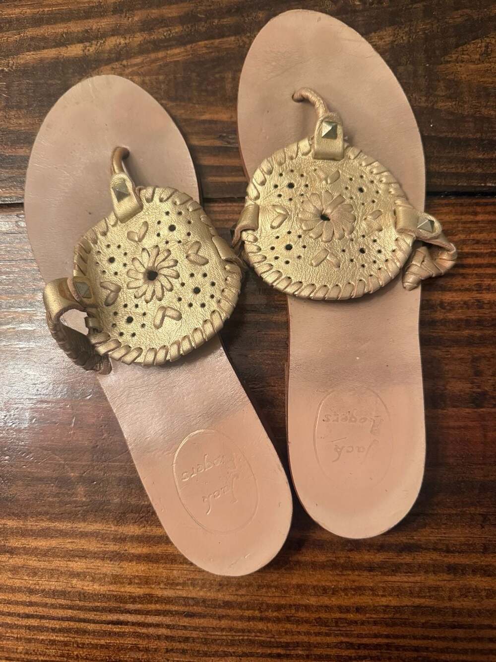 Jack Rogers Gold Leather Thong Sandals with Cutout Medallion